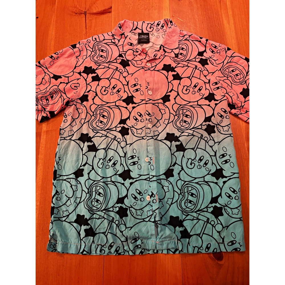 Kirby Nintendo HAL Laboratory Button Up Shirt Men's S Pink Blue Ombré All Print